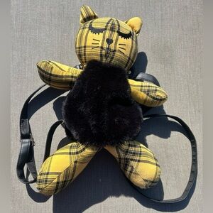 Luv Betsey by Betsey Johnson Plush Cat Backpack Plaid Black Mustard Yellow 16"